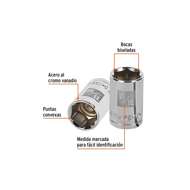Truper D-1222-H, Dado de 6 puntas, cuadro 1/2" de 11/16"