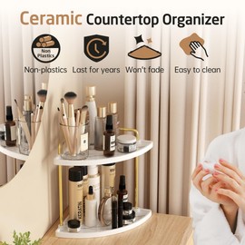 KES Marble Pattern Bathroom Corner Countertop Organizer, 2-Tier Ceramic Corner Counter Shelf, Vanity Skincare Perfume Organizer and Makeup Storage Tray Shelf, Polished Gold, BSC901B-PG