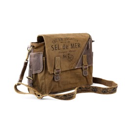 3B-Vintage Print Sel De Mer Upcycled Military Leather Canvas Shoulder Bag Laptop Messenger Bags Medium Crossbody 2 Straps (Fade Brown)