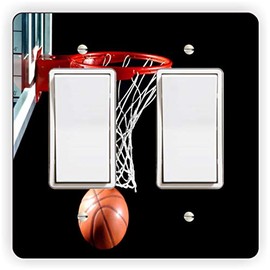 BasketBall Hoop with Basketball on Black -Light Switch Plate Cover - Double GFI Double Rocker - Two Gang Switch Plate Cover Switch Plate Cover