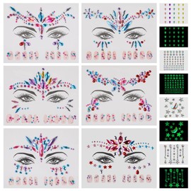RHEIN Face Gems- 10 Sets Mermaid Self Adhesive Face Jewels for Hair, Body, Nails, Eye Makeup, Crystal DIY Temporary Rhinestones Stickers Festival Decorations