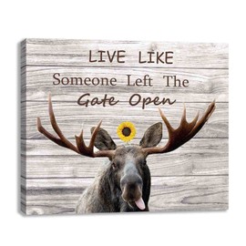 NTEUMM Moose Wall Art Cute Moose And Sunflower Picture Wall Decor Live Like Someone Left The Gate Open Animal Canvas Wall Art Bathroom Framed Artwork (moose,FRAMED 20"x24")