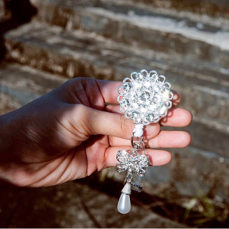 Qinsuee Handmade Bling Rhinestones Retractable Badge Reel, Name Badge Holder