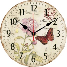 BERYART 14 Inch Silent Non-Ticking Wall Clock, Big Arabic Numerals Wall Clocks, Butterfly and Flower Pattern Wooden Round Clock, Battery Operated Home Decor Hanging Clocks