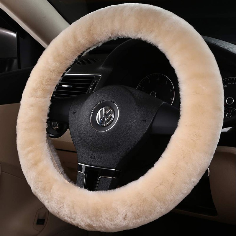 Soft Fluffy Warm Genuine Sheepskin Car Steering Wheel Cover, Fuzzy