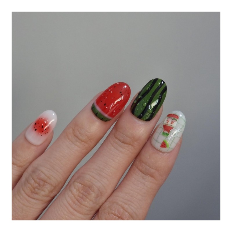 Handmade nail tip for a bear missing a watermelon in