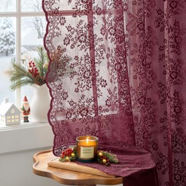 2 Panels Christmas Vintage Lace Curtains 52 x 63 Inch Burgundy