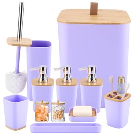 XLHOMO Purple Bathroom Accessories, Bathroom Accessories Set with Trash Can, Soap Dispenser, Toothbrush Holder, Toothbrush Cup, Soap Dish, Toilet Brush, Tray and Q-tip Holders for Housewarming