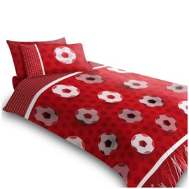 VELVETIO Football Duvet Cover Single with Pillowcase, Soft Breathable Polycotton Kids Bedding Sets, Boys & Girls Reversible Soccer Comforter Quilt, Red