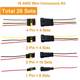 Twippo 18 AWG Waterproof Wire Connectors Automotive Electrical Connectors Quick Connect Wire Connectors 1/2/3/4 Pin with 18 Gauge Wire (26 Kits)