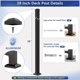 Guwezoy 39in x 2in x 2in Aluminum Deck & Stair Post, AAMA 2604 Textured Black Porch Railing Post, Universal Porch Post for 36in Decking Railings System for Outdoor Steps, Decks, Garden (1 Post)