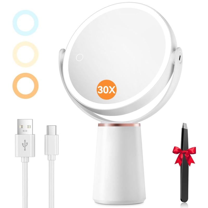 Auxmir Makeup Mirror with Lights, Double Sided 30X/1X Magnifying Mirror,