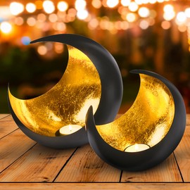Set of 2 Lanterns Oriental Moon Large 20 cm Gold Oriental Vintage Tea Light Holder Black Outside and Gold Interior Moroccan Metal Lanterns Decoration