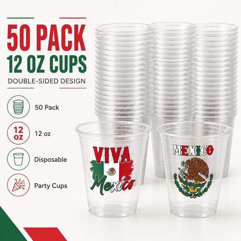 Mexican Independence Day Plastic Cups 50 Pack Disposable Viva Mexico