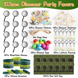CESHMD 123 Pieces Dinosaur Party Bags with Magnifying Glass Drawstring Bag Mini Dinosaur Skeleton Dinosaur Egg Dinosaur Give Aways Children's Birthday Party Favours Dinosaur Toys Boys