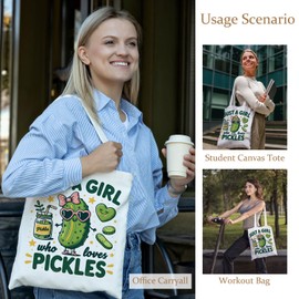 LADOCK Funny Pickle Tote Bag, Pickle Lover Gifts Canvas Tote Bags for Women, Just a Girl Who Loves Pickles Reusable Grocery Shopping Bags