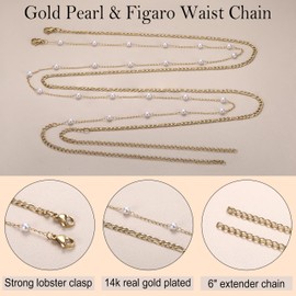 Sanfenly Gold Belly Chains Waist Chains for Women Waterproof Stainless Steel Pearl Body Chain Belly Necklace Bracelet Stomach Jewelry Chain 32-37Inch