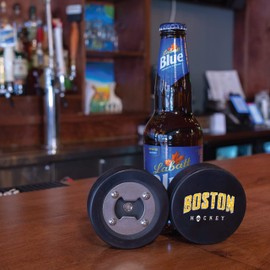 Boston Bottle Opener, Made from a Real Hockey Puck, Cap Catcher Magnet, Drink Coaster, Hockey City Design, The PuckOpener