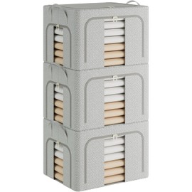 Pinkpum 3 Pack Clothes Storage Bins with Metal Frame, Closet Organizers and Storage Boxes, Stackable & Foldable Clothes Organizer Bags with Large Clear Window & Long Carry Handles, Grey Pattern 66L
