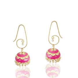 Moonstruck Traditional Indian Golden Minakari Jhumka Earrings With Stones And Pearls for Women (Yellow) (Pink)