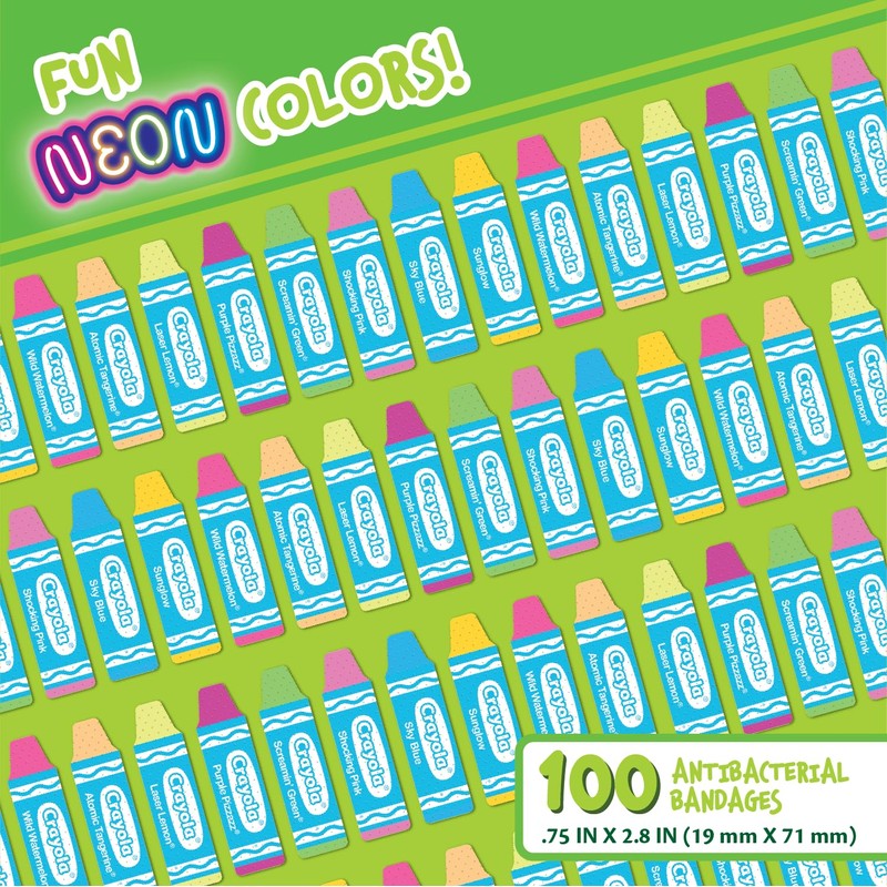 Crayola Shaped Neon Antibacterial Bandages for Kids, 100 CT -