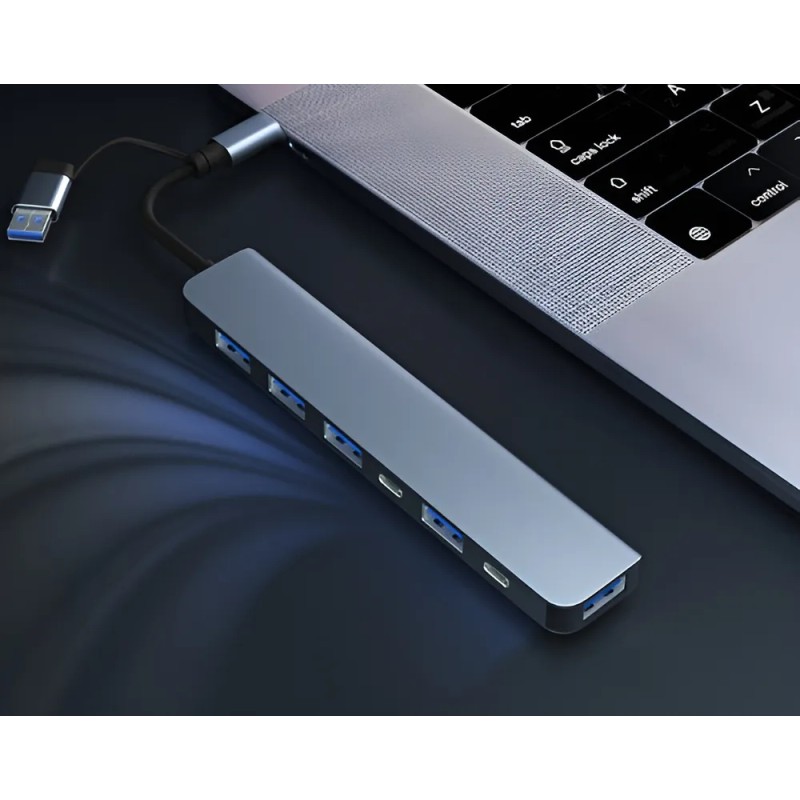 De Usb Hub 8 En 1 Azul Claro, 4 Puertos