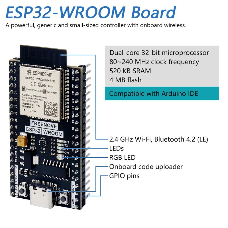 Freenove ESP32-WROOM Board, Dual-core 32-bit 240 MHz Microcontroller, Onboard Wireless,