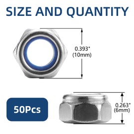 M6 x 1.0mm Nylon Insert Hex Lock Nuts 50Pcs 304 Stainless Steel Locknuts, Hex Drive, Bright Finish, by SG TZH