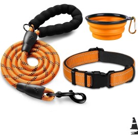 DOYOO Collar, 5 ft Rope Leash, Bowl, Orange 3 Piece Set XS Fits Neck 9.5-12" NEW