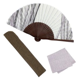 Osaka Choseido Folding Fan, Men's, Stylish, Business, Fan Bag, Handkerchief Included, Set with Kudzushi Cool Pattern, Scale Print, brush stripe white