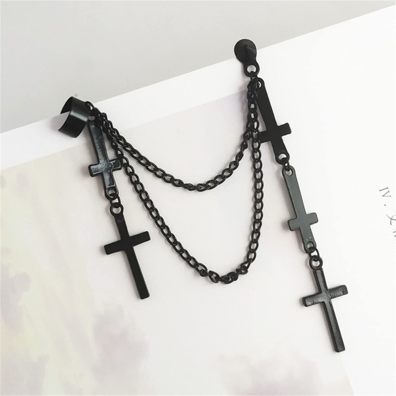 2Pcs Punk Layered Cross Long Threader Tassel Link Chain Dangle