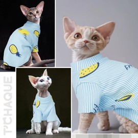 T'CHAQUE Sphynx Cat Clothes, Stretchy Hairless Kitten Shirt, Soft Pullover Sweater with Pineapple Print, Cute Pajamas for Cornish Rex & Devon Rex, Blue Stripes Breathable Outfit, 2XL