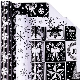 LeZakaa Christmas Wrapping Paper Mini Roll - Bell & Tree/Candy Canes/Snowflakes in Black & White for Gift Wrap, Arts Crafts - 17 x 120 inches - 3 Rolls (42.5 sq.ft.ttl.)