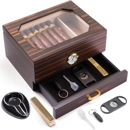 CINOROW Cigar Humidor for 25-50 Counts with Accessory Drawer, Hygrometer, Spanish Cedar Lined & Divider, Humidifier, Ashtray, Cigar Cutter and Punch, Desktop Case Gift for Men