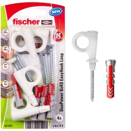 fischer EasyHook Loop K (4), Set of 4 Eye Hook Screws and DuoPower 8 x 40 Dowels, Chipboard Screws with Hooks, Flexible Screw Hooks for Mounting in Numerous Building Materials
