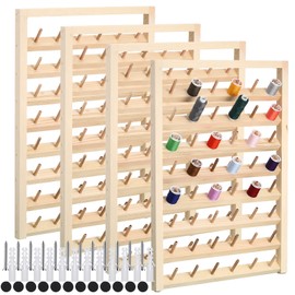 4 Pieces 48 Spool Wooden Thread Holder Wall Mounted Thread Rack with Hanging Hooks Thread Organizer for Mini Sewing Quilting Jewelry Embroidery