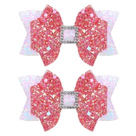 Glitter Hair Bow Clips 3.5 Inch Sweet Hairpins Girls Teens Kids Sparkly Hair Accessories for School Birthday Holiday Party Decor, White&Rose Red