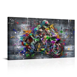NutArtPic Graffiti Motorcycle Wall Art Pop Street Art Motorcycle Racing Painting Extreme Sport Cool Wall Decor for Man Teens Kids Dorm Cave Decor Framed 20''x36'' (Grey)