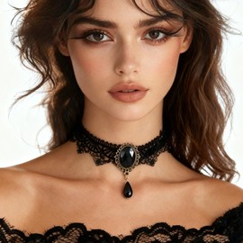 GRAEEN Gothic Black Lace Choker Necklaces Royal Court Vampire Chokers with Rhinestone Pendant Halloween Lace Clavicle Necklace Jewelry for Women(A1-Black)
