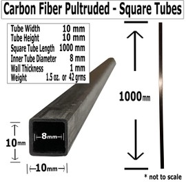 (2) Pultruded Square Carbon Fiber Tube - 10mm x 10mm x 1000mm - (2) tubes