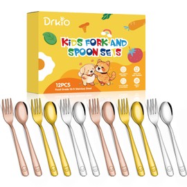 DRKIO Stainless Steel Toddler Utensils Set - 12 Pieces Kids Silverware Set Children Safe Food Grade Small Forks and Spoons Dishwasher Safe Mirror Polished