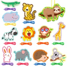 FindFunFine Jungle Animal Lacing Cards 12 Pack Sewing Kits for Kids Lion Wild Animal Cardboard Double Side Lacing Playing Games for Developing Imagination Preschool Educational Learning Activity
