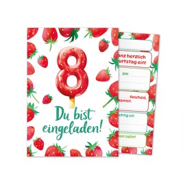 Junaversum 12 Einladungskarten inkl. 12 Umschläge zum 8. Kindergeburtstag Mädchen Erdbeeren Kinder Sommer coole bunte Einladungen achte Geburtstag Geburtstagseinladungen Kids