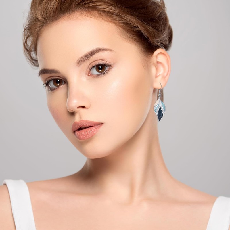 Vurotry Leaf-Shaped Dangle Earrings, Enamel and Crystal Accents, 2.16 inch