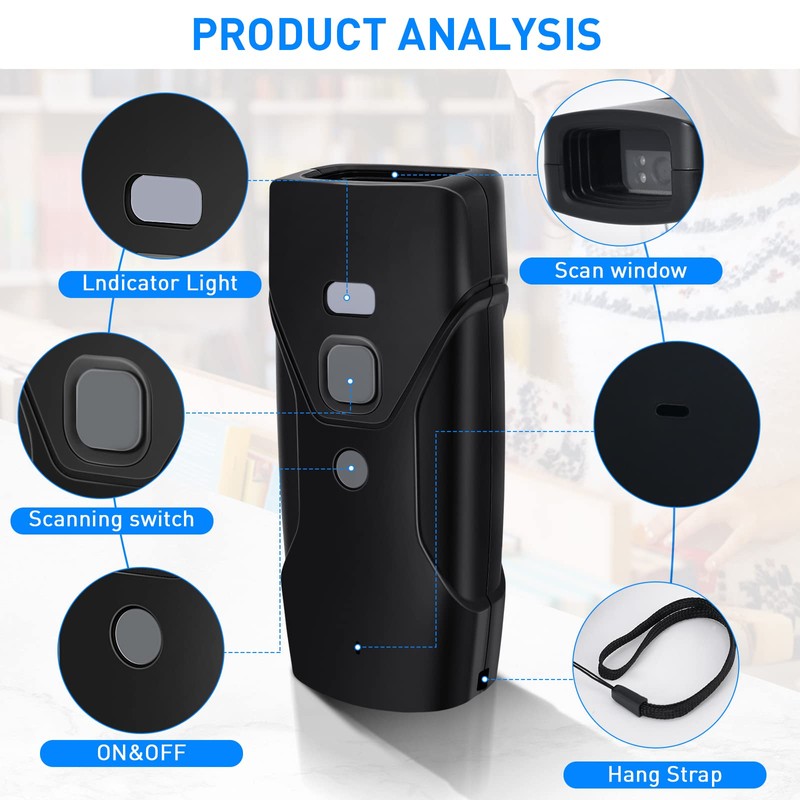 JRHC Bluetooth Barcode Scanner, Mini 2D Portable Wireless Barcode Scanner