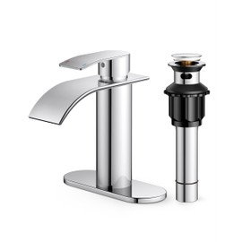 FORIOUS Waterfall Bathroom Faucet One Hole, Chrome Single Handle Bathroom Faucet for 1 or 3 Hole Sink with Metal Pop up Drain, Deck Plate, cUPC Hoses for Vanity, Rv Sink