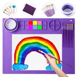 DIYDEC DIYDEC Silicone Art Mat 20X16 Inch Large Silicone Painting mat with Detachable Cup Craft Mat with 10 Painting Brushes 5 Sponge Brushes Silicone Mat for Kids Adult DIY Accessories (Purple)