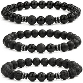 LOCCY Men's Pearl Bracelet, Set of 3, 8 mm Bead Bracelets Set, Stretch Tiger's Eye Bracelet, Lava Stone Beads Bracelet for Men, Women, for Birthday, Father's Day, Christmas Gifts, Stone