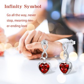 January Garnet Birthstone Infinity Stud Earrings - Shysnow 925 Sterling Silver Heart Shaped Cubic Zirconia Dangle Studs Infinite Symbol Birth Gem Stone Jewelry for Women Birthday Christmas Gifts