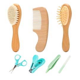 Goat Baby Hair Brush Set, Wooden Comb Massage Scalp Comb, Safe Natural Hair Care Kit, Soft Silicone Bath Brush for Newborns Toddlers (Brush Set+ Green Massager) (Brush Set+ 4)